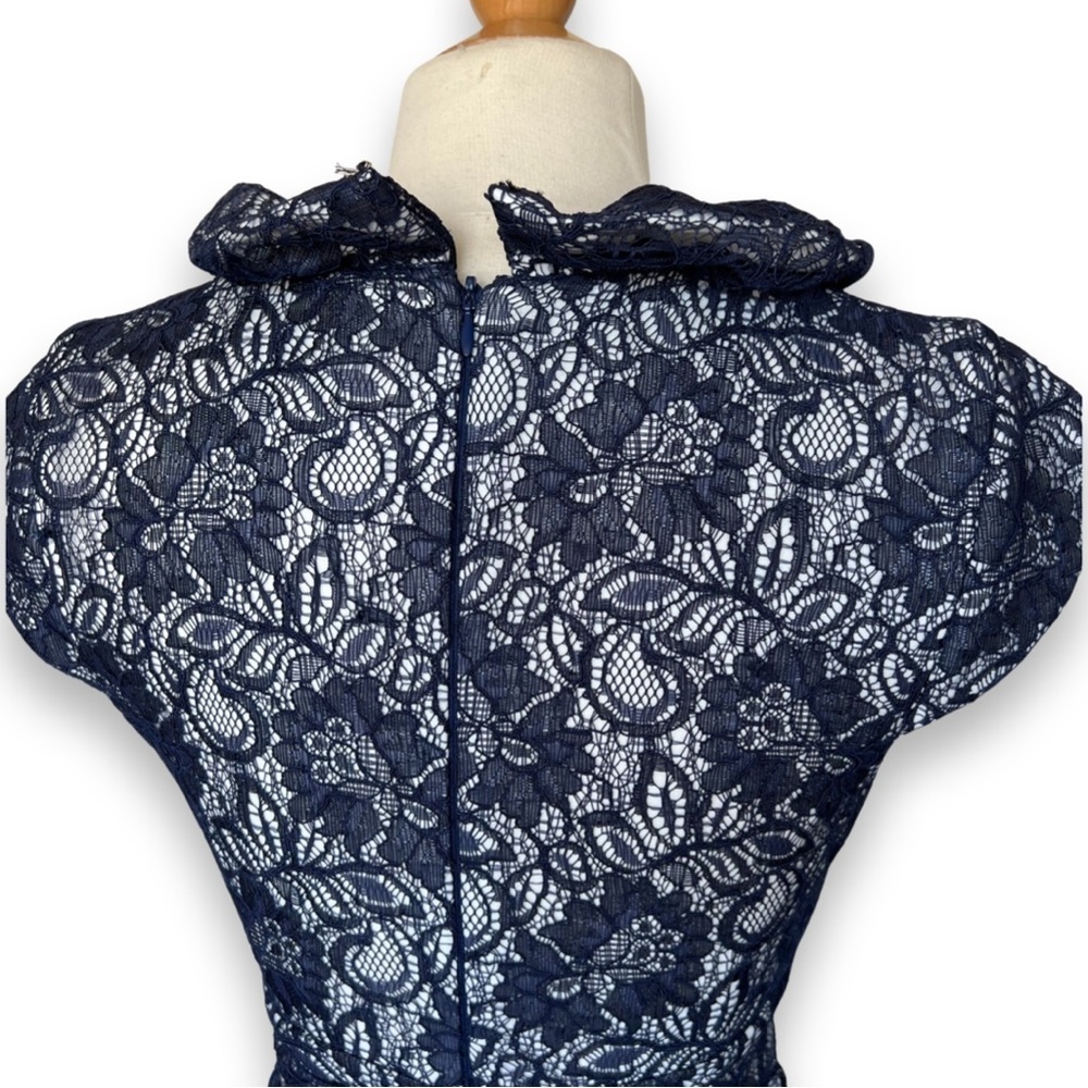 Xscape Lace midi dress ruffle shaping Bodycon cap sleeve ruched dark blue size 4 - Picture 6 of 9